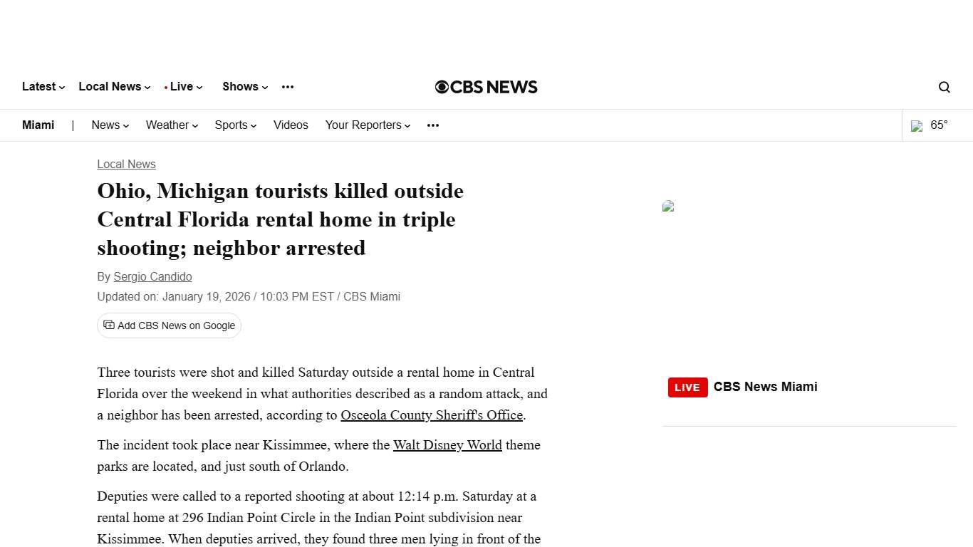 Ohio, Michigan tourists killed outside Central Florida rental home in triple shooting; neighbor arrested - CBS Miami